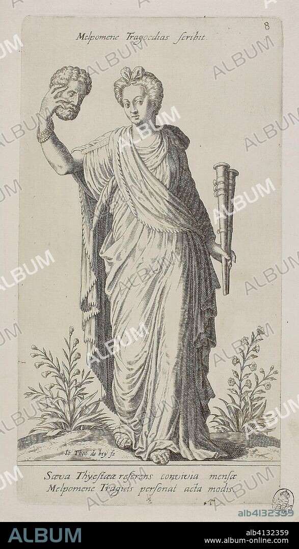 Melpomene, Muse of Tragedy, plate 8 from Parnassus Biceps. Johann Theodor de Bry (German, 1561-1623); after Jean-Jacques Boissard (French, 1533-1598). Date: 1601. Dimensions: 235 × 140 mm (image); 257 × 140 mm (plate); 278 × 164 mm (sheet). Engraving in black on ivory laid paper. Origin: Frankfurt an der Oder.