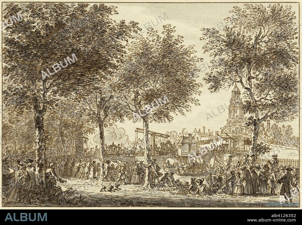 Arrival of Willem V and Wilhelmina of Prussia at the Haarlemmerpoort, 1768. Draughtsman: Simon Fokke. Dating: 1768 - 1769. Place: Northern Netherlands. Measurements: h 180 mm × w 259 mm.