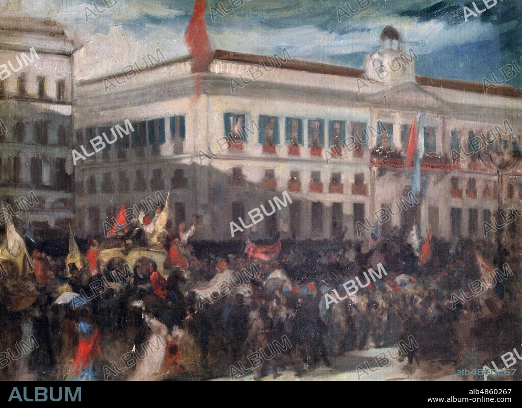 JOSé CASADO DE ALISAL. ISABEL II. REINA DE ESPAÑA. NACE EN MADRID 1830 Y MUERE EN PARIS 1904.. SU REINADO VA DESDE 1833 A 1868. MANIFESTACION EN LA PUERTA DEL SOL DE MADRID, AÑO 1868.. OLEO DE JOSE CASADO DEL ALISAL.. AYUNTAMIENTO DE PALENCIA.