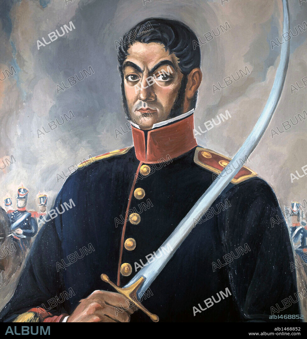 SAN MARTIN, José de (Yapeyú, 1778-Boulogne-SurMer, 1850). Militar y político argentino. Héroe de la independencia americana, llamado el libertador. Retrato de San Martín. Colegio Mayor Universitario Argentino. Madrid. España.
