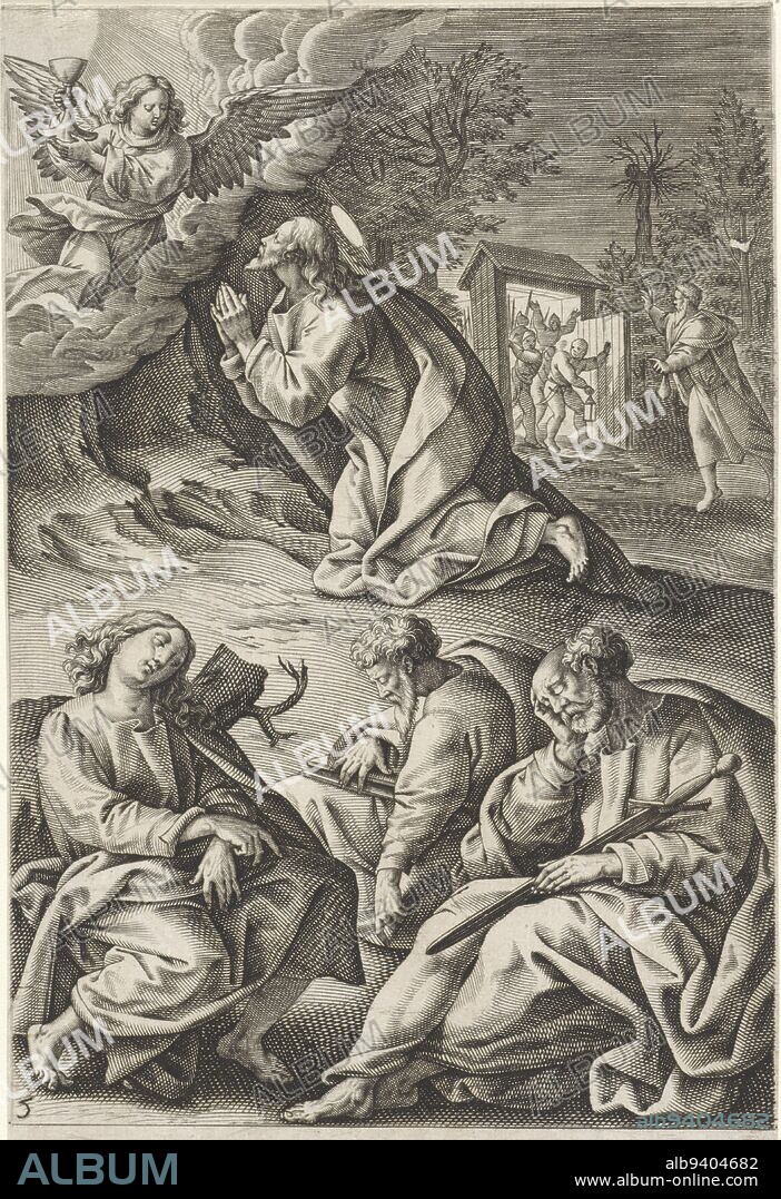 Christ prays in the garden of Gethsemane. From heaven appears an angel holding a chalice. In the foreground, Peter, John and James are asleep. In the background, Judas leads a group of soldiers in through the gate. Christ in Garden of Gethsemane Life and Passion of Christ Dominica Passionis Mysteria Typicis Advmbrationibvs Adamussim Effigiata , print maker: Antonie Wierix (II), Maerten de Vos, publisher: Gerard de Jode, Antwerp, 1583 - 1587, paper, engraving, h 205 mm × w 126 mm.