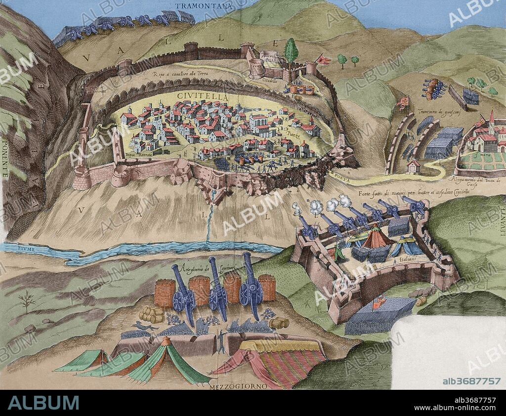 Guerras Italianas (1494-1559). Contiendas que implicarion a los principales Estados de la Europa Occidental y la mayoría de las ciudades-estado italianas, así como al imperio otomano. Grabado italiano del siglo XVI con la representación del asedio a una ciudadela por la artillería. Coloreado.