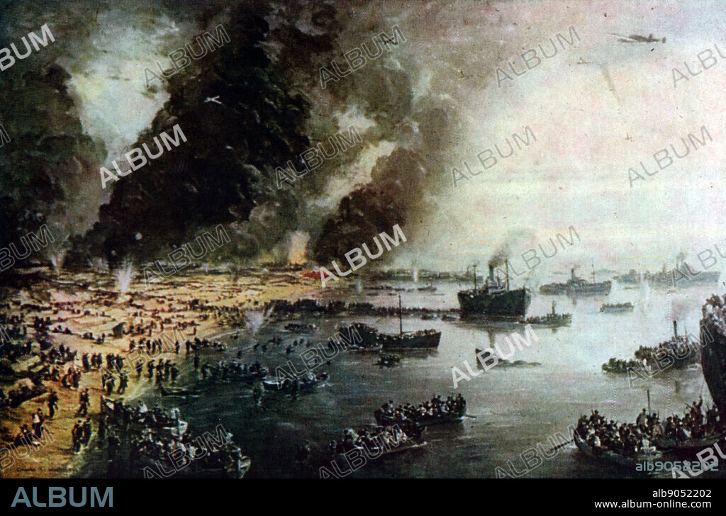 The Withdrawal from Dunkirk, June 1940' by Charles Cundall (1890-1971) British official war artist. View of the evacuation of British, French and Belgian forces from Dunkirk 27 May to 3 June under German bombardment.
