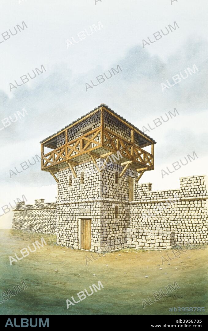 Hadrian's Wall: Brunton Turret, c2nd century, (c1990-2010). Northumberland. Reconstruction drawing. Brunton Turret was built by men of the Twentieth Legion. A watch tower, on the curtain wall of Hadrian's Wall. The turrets were normally spaced at intervals of one third of a Roman mile (equivalent to 495 metres (541 yd)) between Milecastles, giving two Turrets between each Milecastle.
