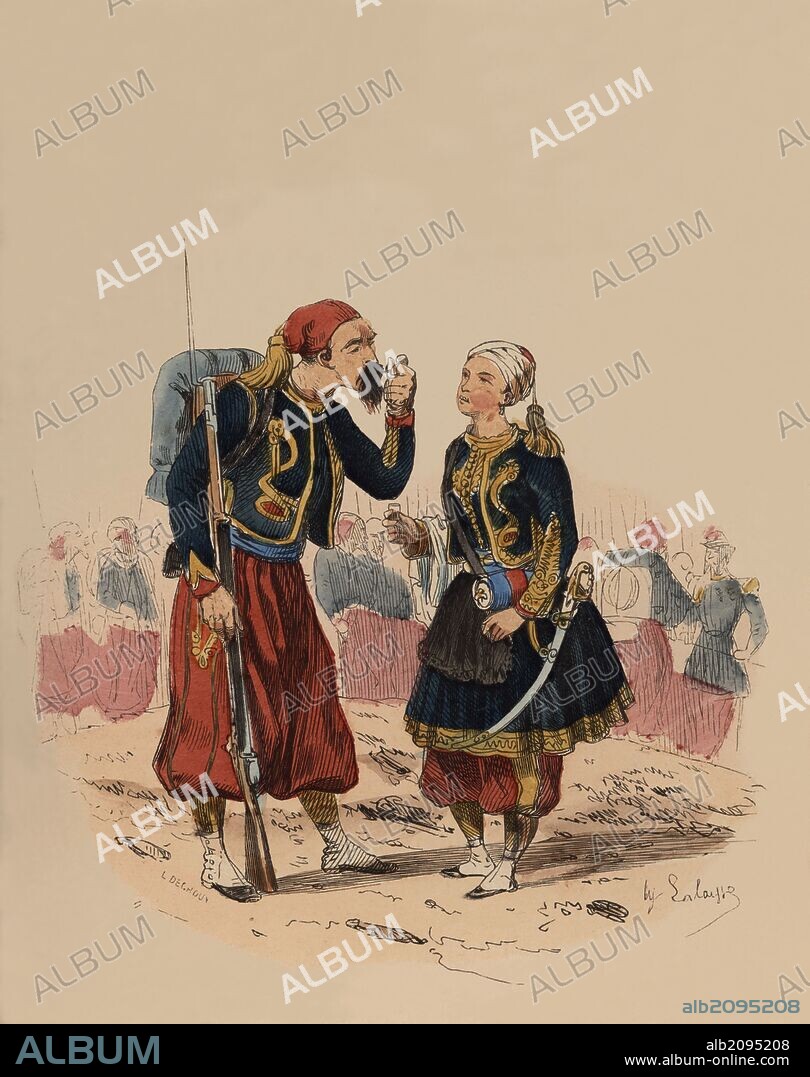 Francia. Siglo XIX. Uniforme de Cantinera del cuerpo de zuavos, año 1856. Grabado de 1864.
