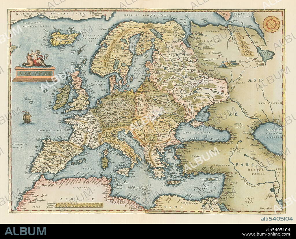 Europa. Europe. Theatrum Orbis Terrarum (Theatre of the World) is considered to be the first true modern atlas. Written by Abraham Ortelius and originally printed on May 20, 1570, in Antwerp, it consisted of a collection of uniform map sheets and sustaining text bound to form a book for which copper printing plates were specifically engraved. The Ortelius atlas is sometimes referred to as the summary of 16th cartography and the first time that the entirety of Western European knowledge of the world was brought together in one book. Most of the maps were admittedly reproductions, and many discrepancies of delineation or nomenclature occur. From its original 70 maps and 87 bibliographic references in the first edition (1570), the atlas grew through its 31 editions to encompass 183 references and 167 maps in 1612.
