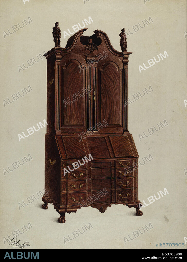 FERDINAND CARTIER. Cabinet-top Desk Secretary. Dated: 1937. Dimensions: overall: 40.8 x 30.8 cm (16 1/16 x 12 1/8 in.)  Original IAD Object: 101"x42"x23". Medium: watercolor, colored pencil, and graphite on paperboard.