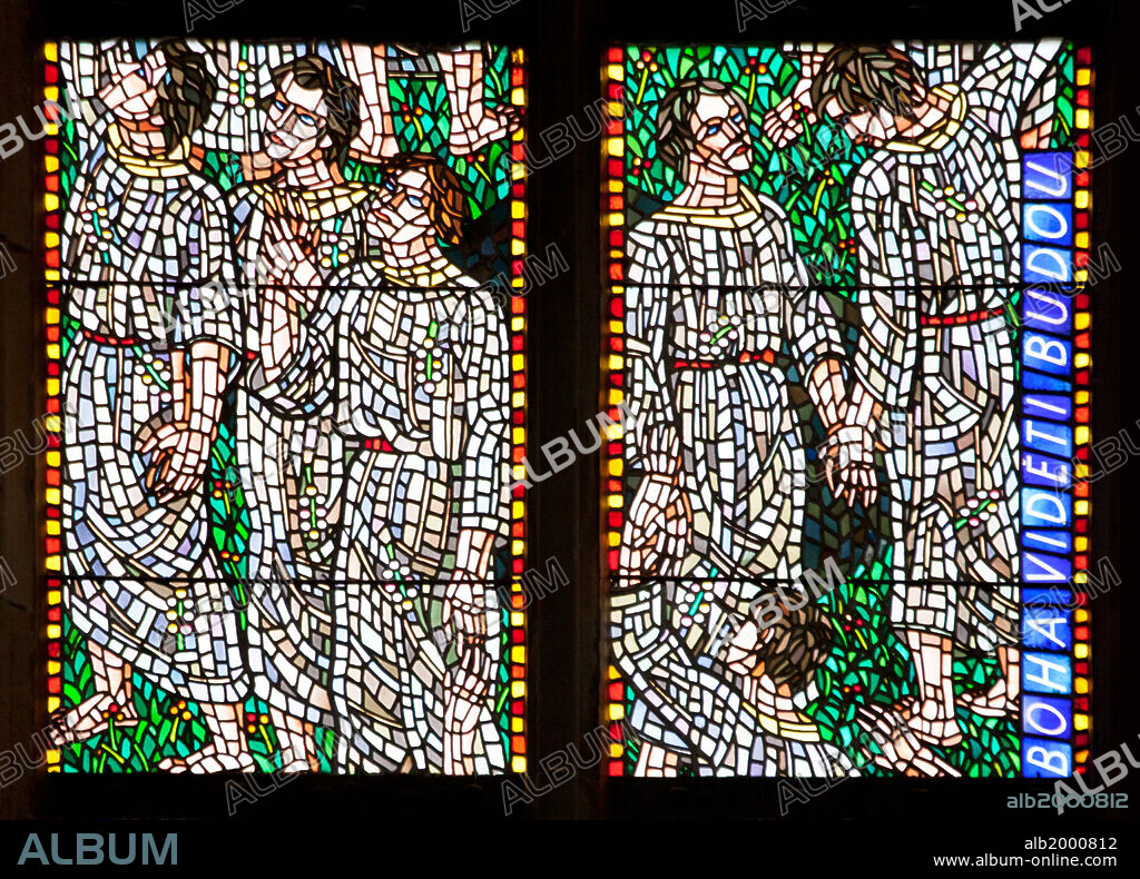 Prague, St. Vitus Cathedral, Chapel of St Agnes of Bohemia, Stained Glass Window. Stained Glass window in the Chapel of St Agnes of Bohemia, at the St Vitus Cathedral, Prague, Czech Republic. The work is an allegory on the Beatitudes, designed by Frantisek Kysela 1930 - 1934. Seen are middle panels in the left section of the window.