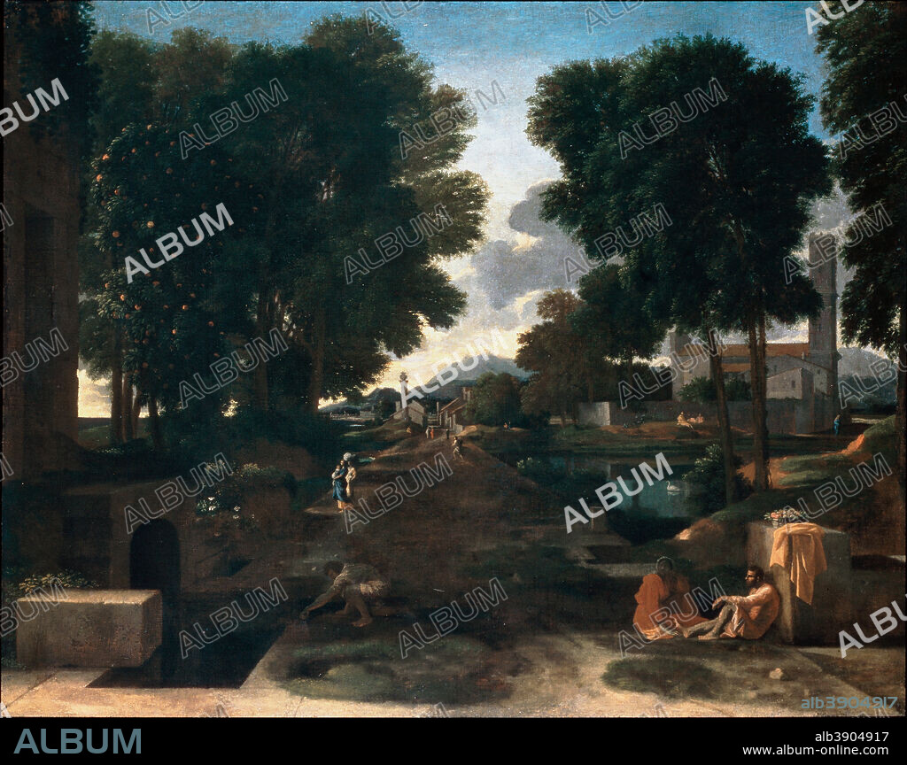NICOLAS POUSSIN. Paysage avec un voyageur au repos. Date/Period: Ca. 1648. Painting. Oil on canvas Oil. Height: 790 mm (31.10 in); Width: 997 mm (39.25 in).