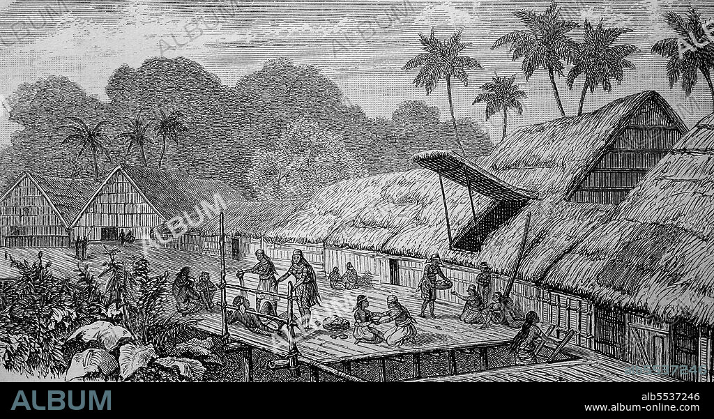 Village of the Dajak ethnic group on Borneo, Indonesia, in 1880.