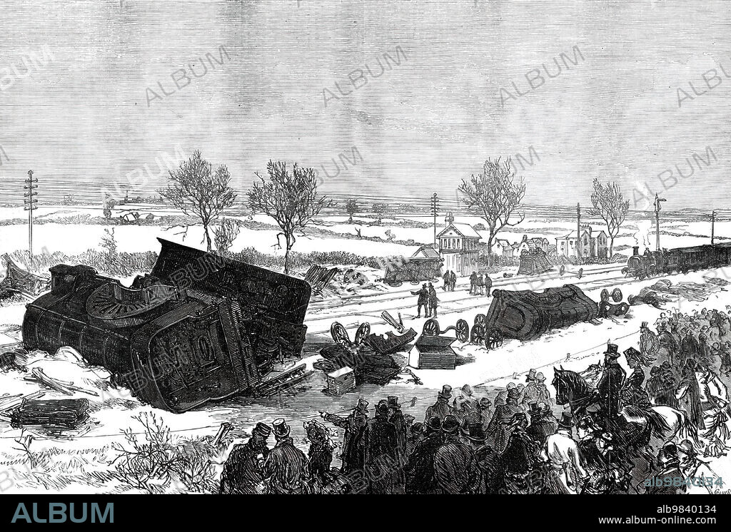 CRANE. The Railway Accident at Abbotts Ripton, Huntingdon: general view of the scene of the accident, 1876. On 21 January 1876, the Edinburgh-London Special Scotch Express was involved in a collision, during a blizzard, with a coal train on the Great Northern Railway main line. A second collision occurred minutes later when an express to Leeds crashed into the wreckage obstructing the northbound line. Thirteen passengers died, and 53 passengers and 6 traincrew members were injured. Factors included signal failure, bad weather and poor visibility. Snow and ice on the wires by which the semaphore arm should be moved had meant that when signalmen had changed levers from the normal 'all clear', the signals did not fully move to 'danger'. The accident (and subsequent inquiry) led to fundamental changes in British railway signalling practice. From "Illustrated London News", 1876. From "Illustrated London News", 1876.