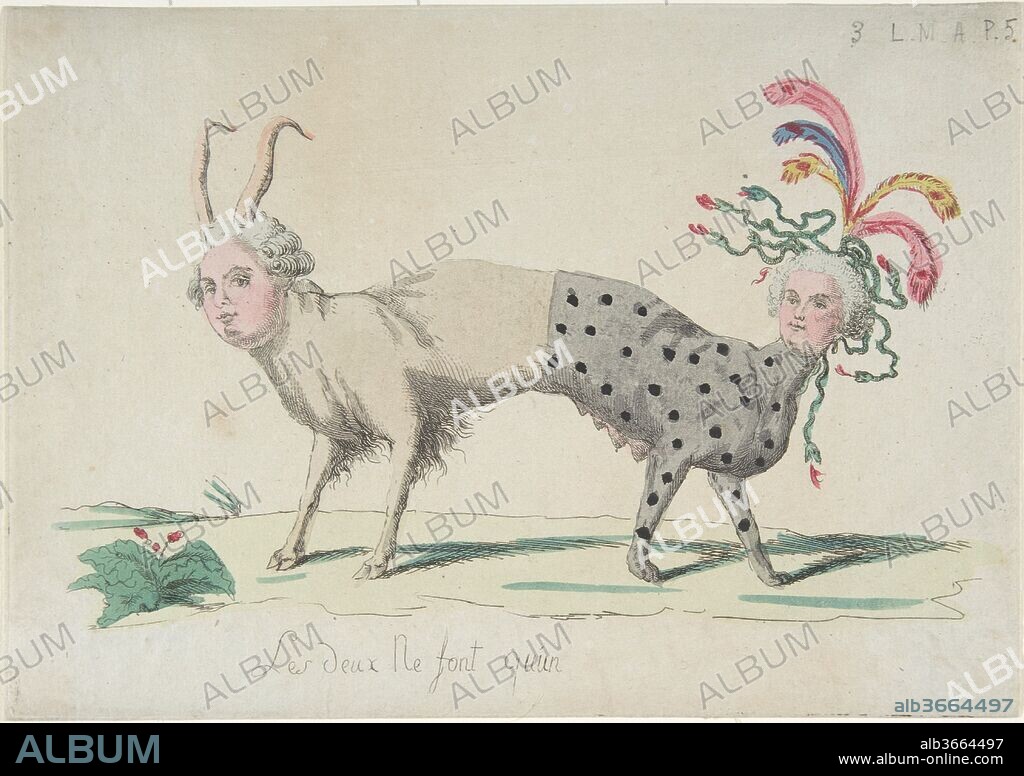 The Two Are But One (Les deux ne font qu'un). Artist: Anonymous, French, 18th century. Dimensions: sheet: 5 7/8 x 8 3/8 in. (15 x 21.3 cm). Date: late 18th century.
During the first years of the French REvolution, King Louis XVI was rarely ridiculed in prints. It was only after the night of June 20, 1791 - when he and his family attempted to flee Paris for a Royalist stronghold, where he hoped to begin a counterrevolution - that popular opinion turned more decidedly against him. Louis and Queen Marie-Antoinette then became frequent targets of French caricaturists, who often depicted them in a sort of reverse anthropomorphism, as animals with human heads. Here, the royal couple is portrayed as a two-headed creature that pulls in opposite directions. The king is given the body of a pig and the horns of a cuckold, a reference to his wife's many rumored affairs; the queen, with the body of a hyena, sports a fancy headdress of serpents and ostrich feathers, the latter a pun on her Austrian heritage (autruche and Autriche).