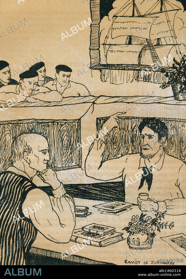 RAMÓN ZUBIAURRE. LITERATURA CASTELLANA. SIGLOS XIX-XX. BAROJA, Pio (San Sebastián, 1872-Madrid, 1956). Escritor español perteneciente a la GENERACION DEL 98. "LAS INQUIETUDES DE SHANTI ANDIA" (1911). Grabado del dibujante Ramon de ZUBIAURRE para la edición impresa en Madrid en el año 1920.