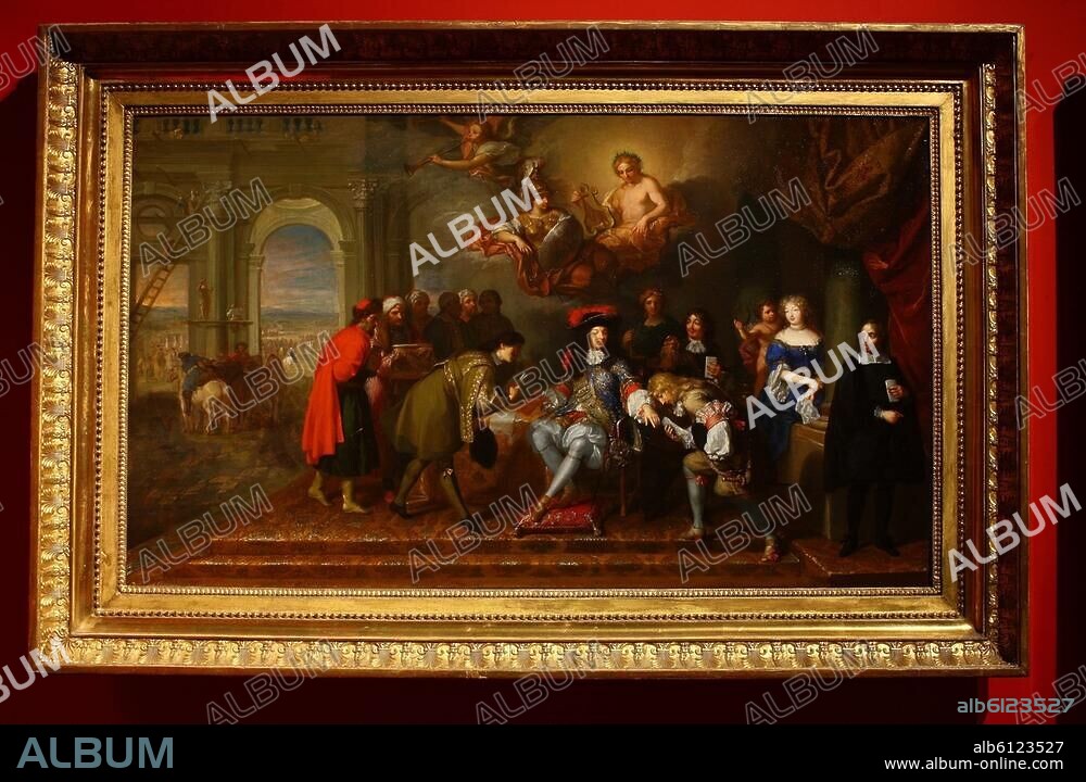Louis XIV, roi de France (1643-1715) ; Saint-Germain-en-Laye 5.9.1638 - Versailles 1.9.1715. "Louis XIV en roi de Paix". Peinture de François Verdier (1652.1730) et Frans van der Meulen (1632-1690). (Allégorie de la Paix de Nimègue - Louis XIV reçoit des envoyés ; à droite, Madame de Montespan, Jean-Baptiste Colbert et le maréchal Vivonne). Huile sur toile, 70 × 116,5 cm. Inv. 709 (présenté à l'exposition "Louis XIV", Versailles 2009-10). Budapest, Szepmüveszeti Muzeum.