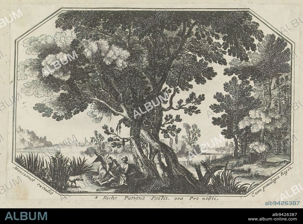 Landscape with S. Rochus, S Roche Patrone Pestis, ora Pro nobis (title on object), Octagonal wooded landscape. By the tree in the center sits Saint Rochus. An angel looks at the plague pits on his leg. Next to him is a dog. The print is part of an album., print maker: anonymous, publisher: Balthazar Moncornet, (mentioned on object), anonymous, (mentioned on object), France, 1600 - 1699, paper, etching, height 93 mm × width 136 mm.