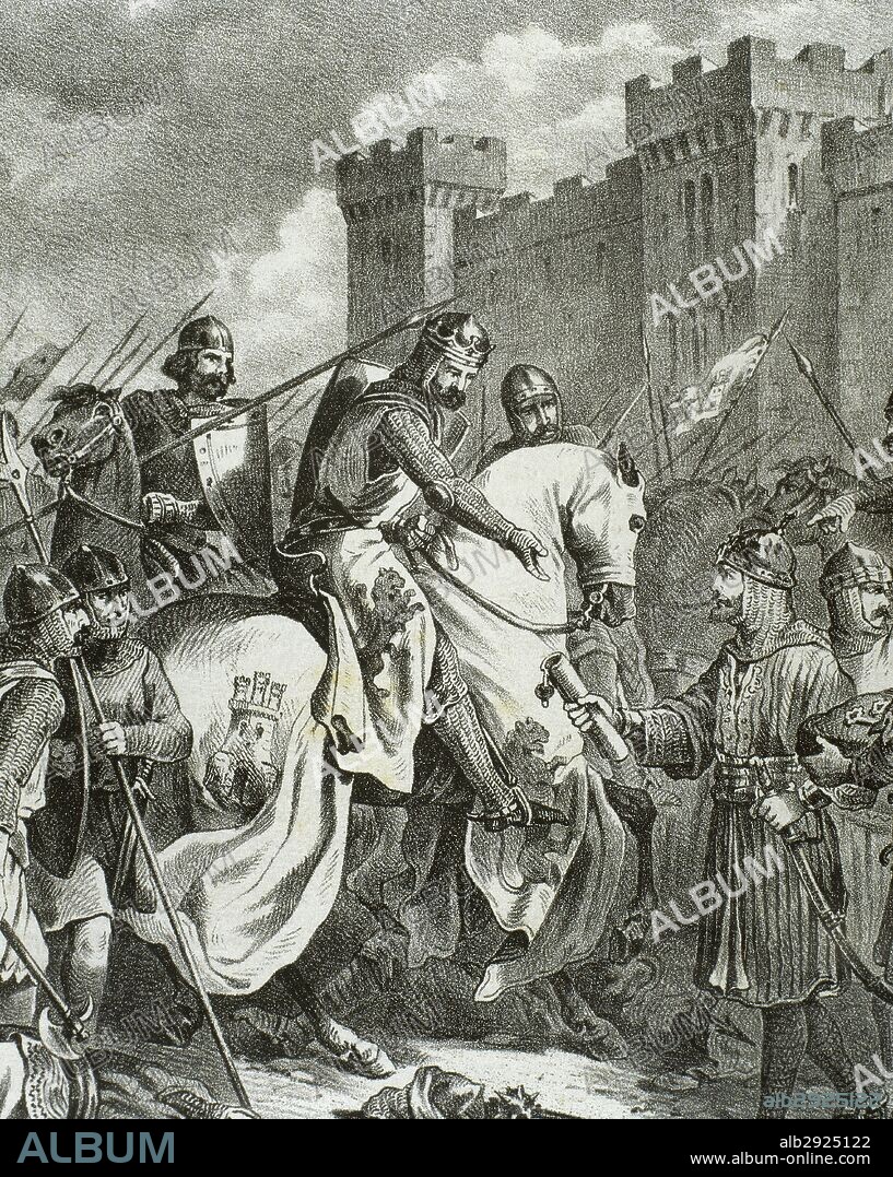FERNANDO III DE CASTILLA (Zamora, 1201-Sevilla, 1252). Llamado "FERNANDO EL SANTO". Rey de Castilla (1217-1252) y de León (1230-1252). Dirigió las campañas más importantes de toda la Reconquista. En 1236 tomó la ciudad de Córdoba y un poco antes de su muerte logró conquistar Sevilla. En 1671 fue canonizado. "LA RENDICION DE SEVILLA. ENTRADA TRUNFAL DEL REY EN LA CIUDAD". Grabado del siglo XIX.