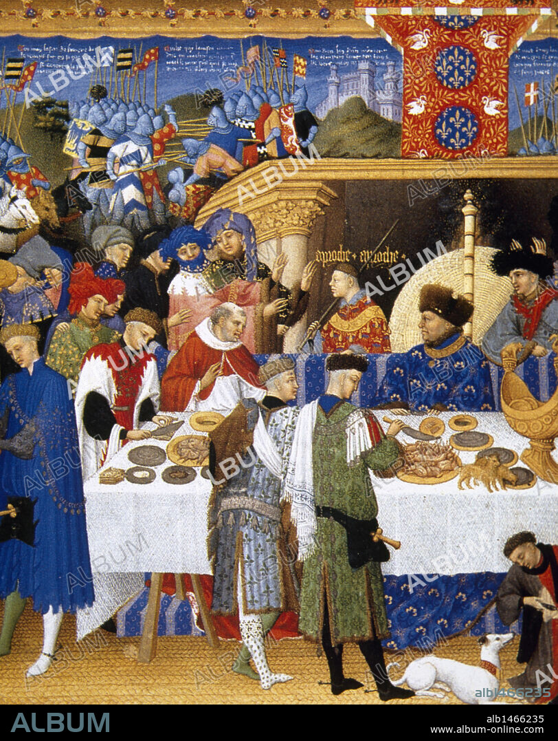 LIMBOURG BROTHERS. HISTORIA DE LA SOCIEDAD. EDAD MEDIA. "TRES RICHES HEURES". Miniatura del siglo XV con la representación de "UN RICO BANQUETE". Castillo de Chantilly. Francia.