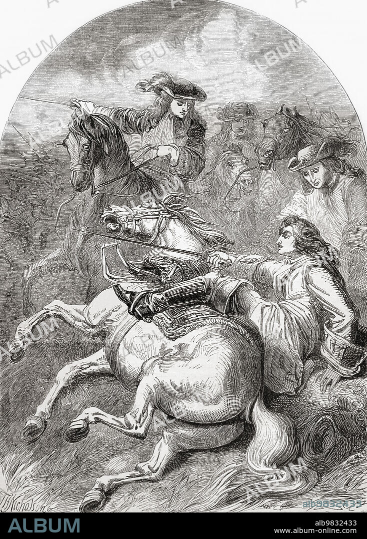 The Battle of Schellenberg, aka the Battle of Donauwörth, 2 July 1704, during the War of the Spanish Succession. From Cassell's Illustrated History of England, published c.1890.