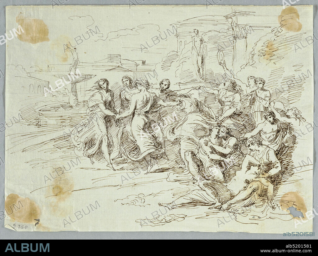 Bacchanalian Scene with Circle of Dancing Figures, Felice Giani, Italian, 17581823, Pen on paper, Classical architecture in background with dancing female figures in center and male and female figures engaged in bacchanalian pursuits on lower right corner., Italy, late 18thearly 19th century, classicism, Drawing, Drawing.