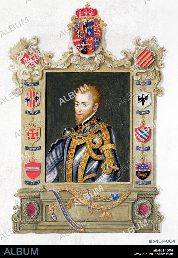 Philip II, King of Spain, 16th century (1825). The son of Emperor Charles V (1500-1558) and husband of Mary I (1518-1558), Queen of England from 1553, Philip II ascended the Spanish throne in 1556. Philip's reign was characterised by war and religious repression as he zealously pursued the counter-reformation. Spain was embroiled in the rebellion of its Protestant provinces in the Netherlands, and after the execution of Mary Queen of Scots, a 20 year period of war with England began. In 1588, Philip sent the Armada to bring about the invasion of England, but the fleet was destroyed, leading to the abandonment of the planned invasion as well as paving the way for the ultimate success of the Dutch rebellion. During Philip's rule Spain acquired great wealth from its empire in the New World, but much of it was squandered due to high inflation, disastrous economic policies necessitating massive imports and the cost of Philip's wars. After a portrait by Titian (c1488-1576) From Memoirs of the Court of Queen Elizabeth, published in 1825.