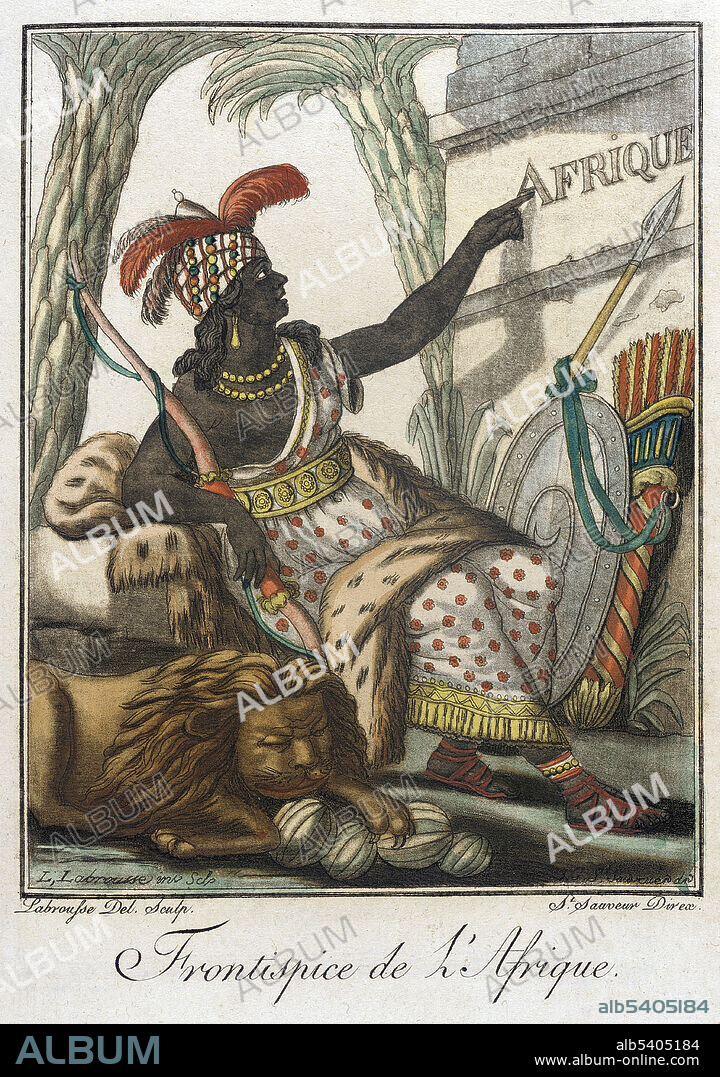 Frontispice de l'Afrique. Frontispiece of Africa. Hand-tinted engraving by Labrousse from "Costumes of Different Countries" published by Jacques Grasset de Saint-Sauveur circa 1797.