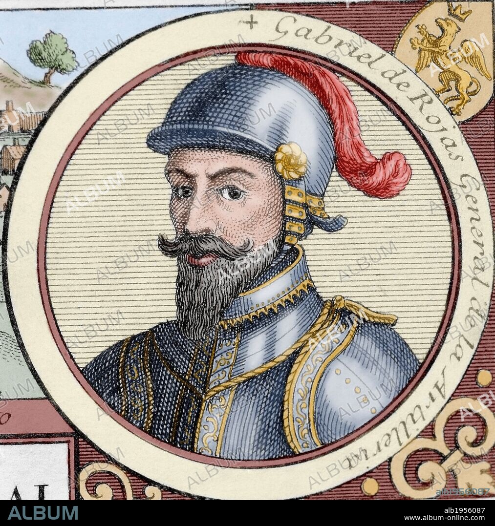 CONQUISTA DE AMERICA. SIGLO XVI. "GABRIEL DE ROJAS, GENERAL DE ARTILLERIA". "... y con dos capitanes que fueron en ellos, y que se decían Gabriel de Rojas y el otro se decía fulano de Guzmán. Y les mandó que fuesen a la Habana, y desde allí al canal de Bahama y que en todo caso le trajesen (a Cortés) presa la nao en que iban nuestros procuradores y todo el oro que llevaban". "Historia Verdadera de la Conquista de la Nueva España", obra de Bernal Diaz del Castillo (1492-1584). Grabado coloreado. Biblioteca Universidad de Barcelona. Cataluña.