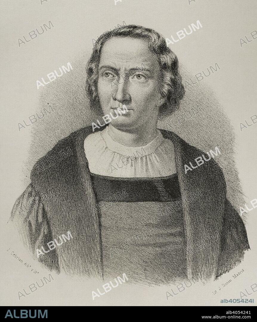 Christopher Columbus (1451-1506). Navigator and colonist of the Americas. Drawing by Cebrian. Portrait. Lithography. Cronica General de Espa–a, Historia Ilustrada y Descriptiva de sus Provincias. Andalucia, 1867.