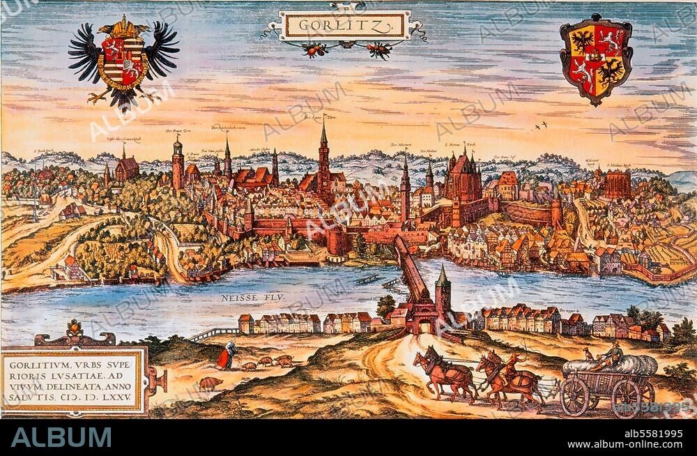 ANONYM. Görlitz (Oberlausitz, Sachsen). "GÖRLITZ". (Stadtansicht). Kupferstich, 1575, koloriert. Aus: Georg Braun und Franz Hogenberg, Civitates Orbis Terrarum, Köln (Th. Grimineus) 1572-1618.
