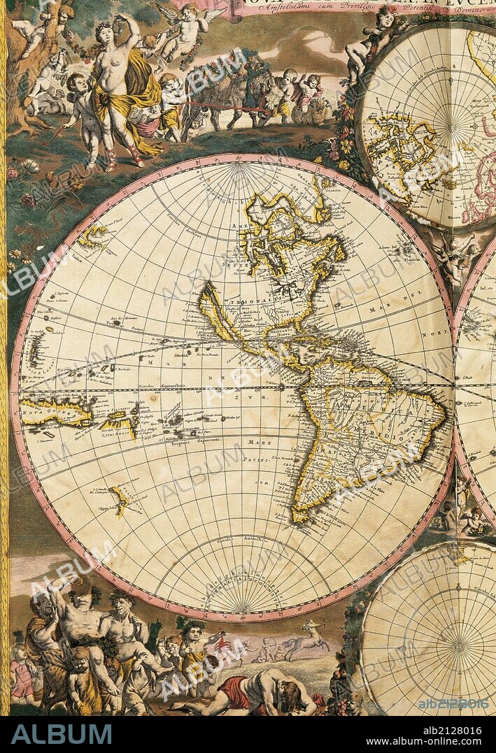 Nova Orbis Tabula in Lucem Edita by Frederik de Wit (1630-1706). 17th century. Detail of the Americas, Pacific Ocean and islands discovered. Amsterdam.