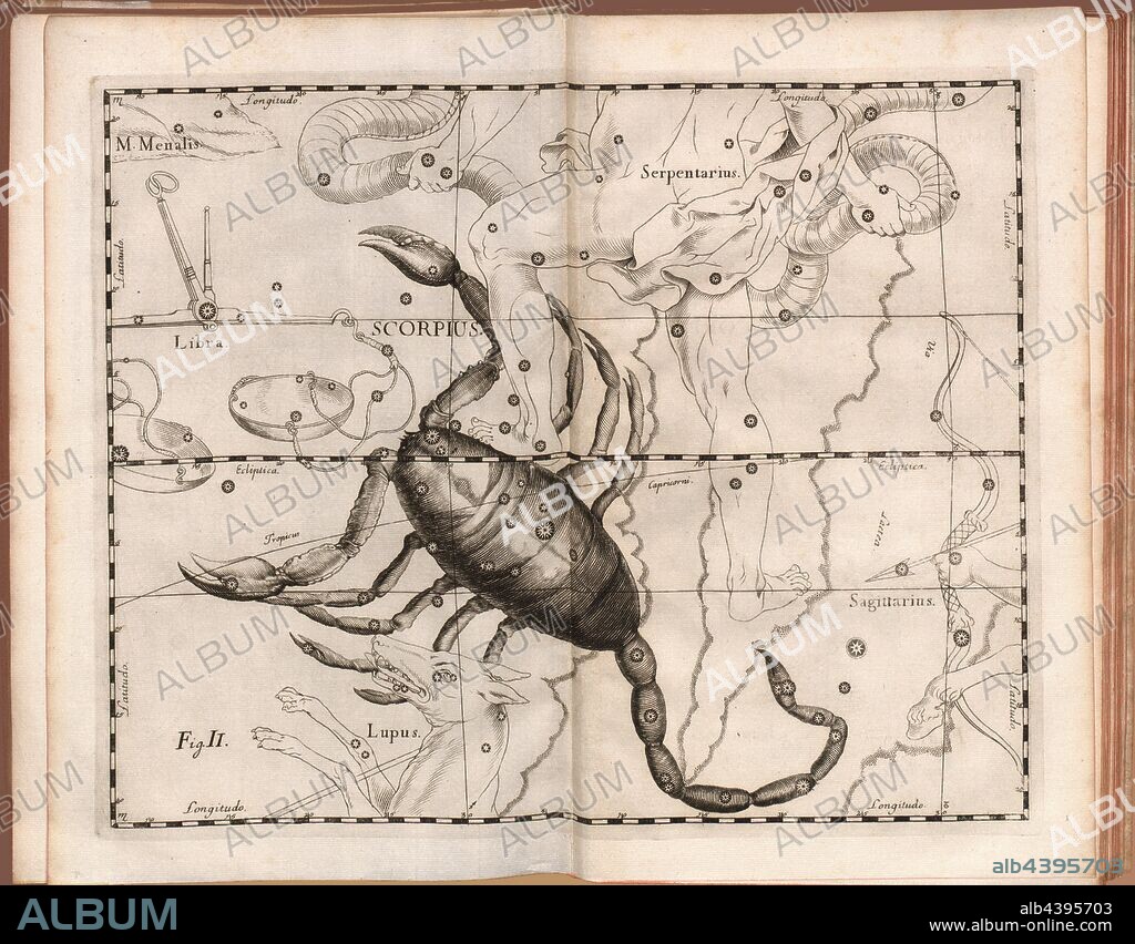 Scorpius, Illustration of the star constellation Scorpio from the 17th century, fig. II, to p. 21, 1687, Johannes Hevelius, Johann Ernst von Schmieden: Johannis Hevelii prodromus astronomiae, exhibens fundamenta, quae tam ad novum planè & correctiorem stellarum fixarum catalogum construendeum, quàm ad onmium planetarum tabulas corrigendas omnimodè spectant; nec non novas & correctiores tabulas solares, aliasque plurimas ad astronomiam pertinentes [...]. Gedani: typis Johannis-Zachariae Stollii, 1690.
