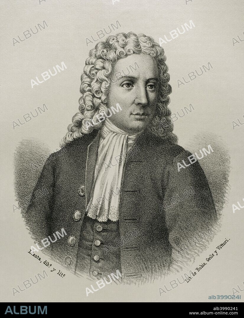 Rafael Mox of Girona. Spanish doctor of the 17th century, who wrote a book on the diseases of women. Drawing by Llanta (fl.1866-1872). Lithography. Cronica General de Espa–a, Historia Ilustrada y Descriptiva de sus Provincias. Catalonia. 1866.