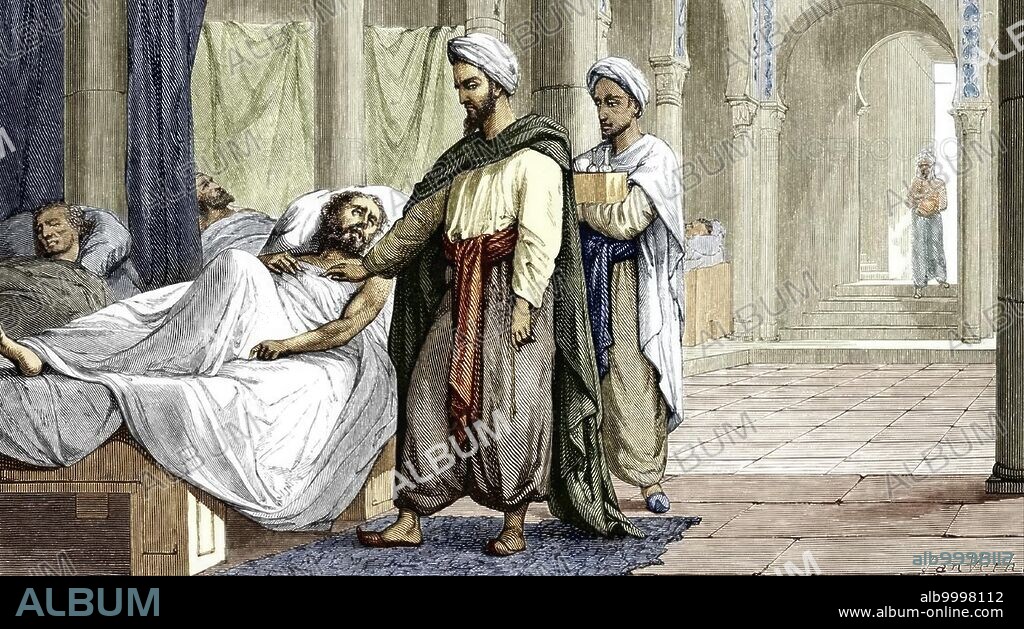 Representation of surgeon Abu Al-Qasim (Aboulcassis) 940-1013) at the hospital of Cordoba, Al Andalus (Abu al-Qasim al-Zahrawi (Albucasis) Arab Muslim physician and surgeon in the hospital of Cordoba, Al-Andalus) Engraving from "La-vie-des-Savant-illustres" by Louis Figuier, 1866.