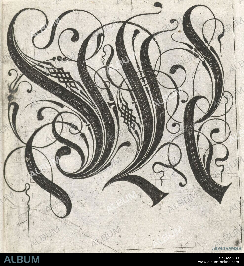 From series of 24 gothic letters with braid: A-I, K-T and V-Z., Letter M Alphabet (series title), print maker: anonymous, anonymous, publisher: anonymous, Netherlands, (possibly), c. 1600 - c. 1699, paper, engraving, h 62 mm - w 57 mm.