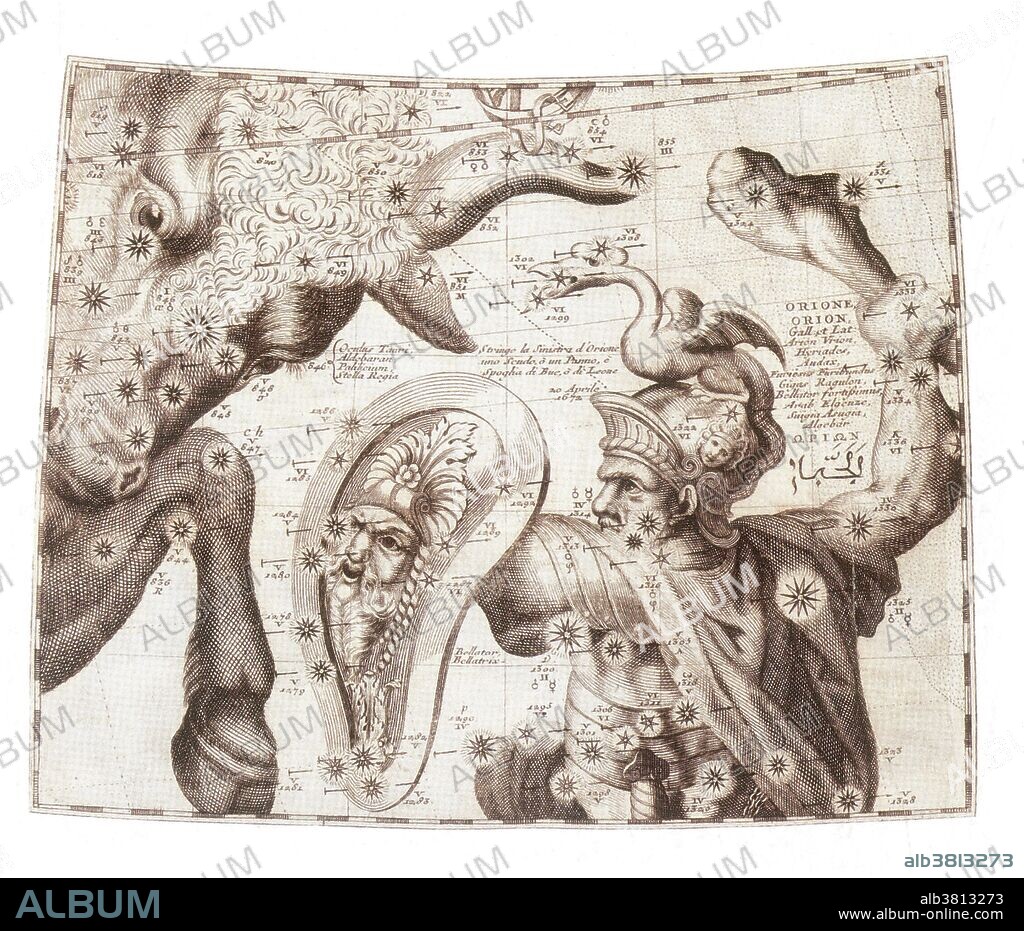 Taurus is one of the constellations of the zodiac. Taurus and Orion are two of the 48 constellations described by the 2nd century astronomer Ptolemy, and they remain two of the 88 modern constellations defined by the International Astronomical Union. Taurus is a large and prominent constellation in the northern hemisphere's winter sky. It is one of the oldest constellations, dating back to at least the Early Bronze Age when it marked the location of the Sun during the spring equinox. Taurus came to symbolize the bull in the mythologies of Ancient Babylon, Egypt and Greece. Taurus is the second astrological sign in the Zodiac. It spans the 30-60th degree of the zodiac which the Sun transits this area on average between April 20 to May 20 each year. Orion is a prominent constellation located on the celestial equator and visible throughout the world. It is one of the most conspicuous and most recognizable constellations in the night sky. The stars of Orion were associated with Osiris, the sun god of rebirth and afterlife, by the ancient Egyptians. Image credited to Vincenzo Coronelli, may have appeared in his Epitome Cosmografica, 1693.