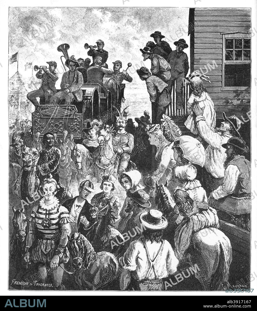 'The Travelling Circus', c1870s. Up until the 1870s, the circus travelled in wagons. Illustration from Adventures of America, 1857-1900, by John A Kouwenhoven, published by Harper & Brothers, (New York, London, 1938).