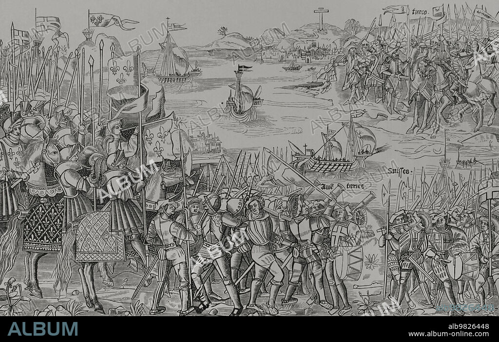 Séptima Cruzada (1248-1254). Liderada por Luis IX de Francia (1214-1270). Conquista de Damieta. Desembarco de los cruzados en Damieta (delta del Nilo), el 5 de junio de 1249. Facsímil de un grabado de "Grand Voyage de Hierusalem", impreso en París en 1522. Debido a uno de los anacronismos frecuentes entre artistas antiguos, el ejército y la flota de San Luis están provistos de cañones. "Vie Militaire et Religieuse au Moyen Age et à L'Epoque de la Renaissance". París, 1877.