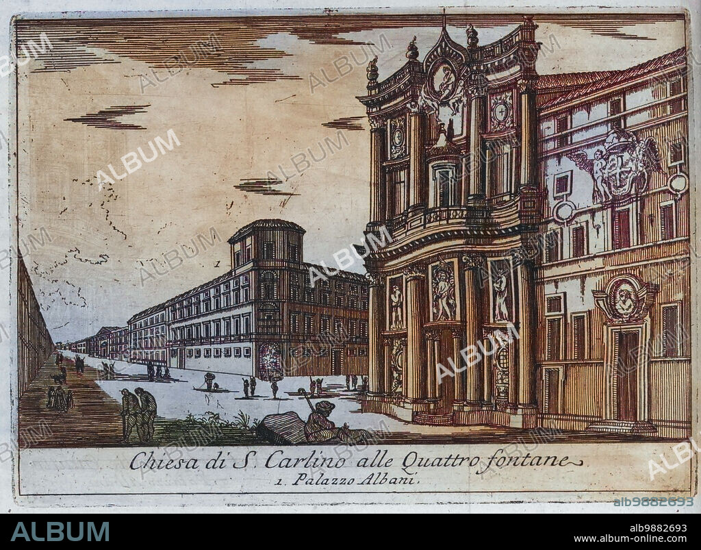 Chiesa di S.Carlino alle Quattro fontane and Palazzo Albani, Rom, Italien, aus Acurata, descrizione Topografica e historica di Roma Moderna, erschienen 1767, Historisch, historical, digital improved reproduction of an original from the 19th century.