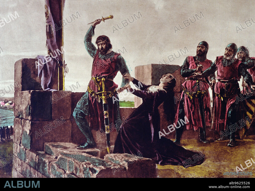 Alonso Perez de Guzman 'El Bueno' (1256 - 1309), Duke of Medina Sidonia and Castilian military governor of Tarifa in 1293, launched his dagger in response to the threats of the Infante Don Juan, drawing.
