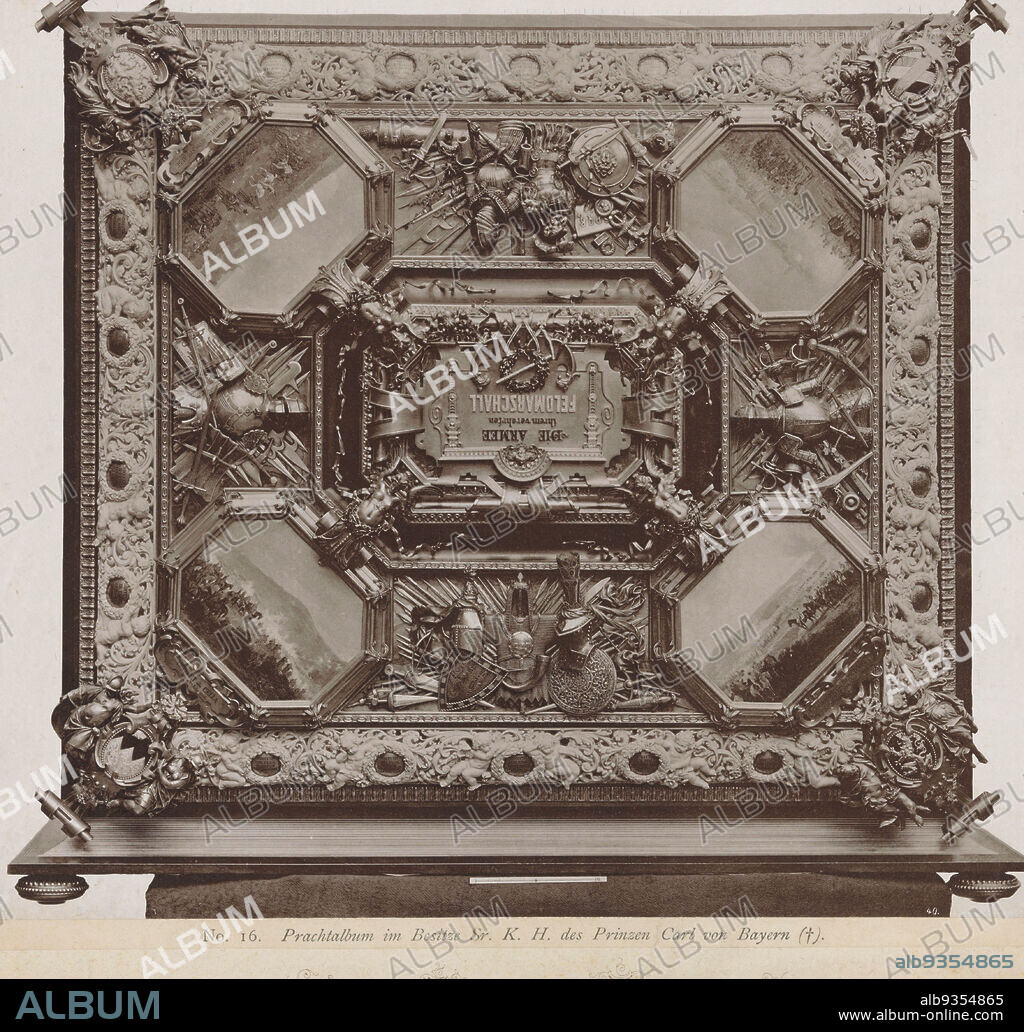 Display of a magnificent album in the Bayerisches Nationalmuseum in Munich, Prachtalbum im Besitze Sr. K. H. des Prinzen Carl von Bayern (+). (title on object), anonymous, Bayerisches Nationalmuseum, 1876, cardboard, paper, collotype, height 238 mm × width 260 mm.