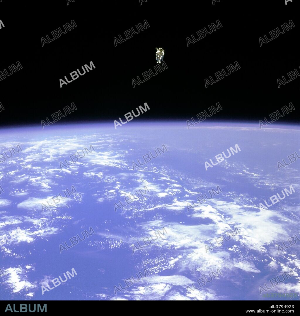 Mission Specialist Bruce McCandless II, is seen further away from the confines and safety of his ship than any previous astronaut has ever been. This space first was made possible by the Manned Manuevering Unit or MMU, a nitrogen jet propelled backpack. After a series of test maneuvers inside and above Challenger's payload bay, McCandless went "free-flying" to a distance of 320 feet away from the Orbiter. This stunning orbital panorama view shows McCandless out there amongst the black and blue of Earth and space. STS-41-B was the tenth NASA Space Shuttle mission and the fourth flight of the Space Shuttle Challenger. It launched on February 3, 1984, and landed on February 11 after deploying two communications satellites. It was also notable for including the first untethered spacewalk.