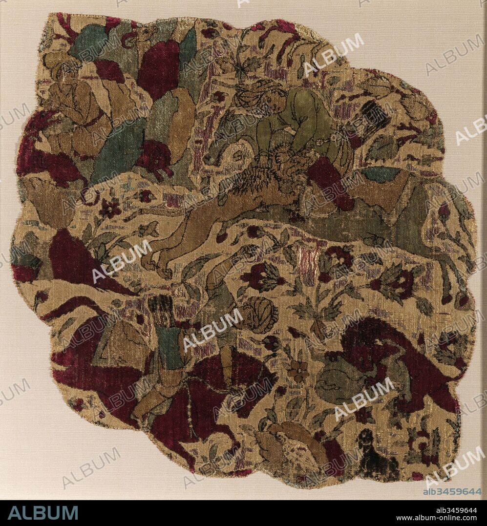 Velvet Panel with Hunting Scene, ca. 1540, Attributed to Iran, probably Tabriz, Silk, flat metal thread; cut and voided velvet, Textile: H. 23 5/8 in. (60 cm), Textiles, This polylobed velvet panel is from the interior of a tent used by Kara Mustapha Pasha, an Ottoman military leader, during the siege of Vienna (1683); the tent is said to have been captured by the Austrians as war booty.