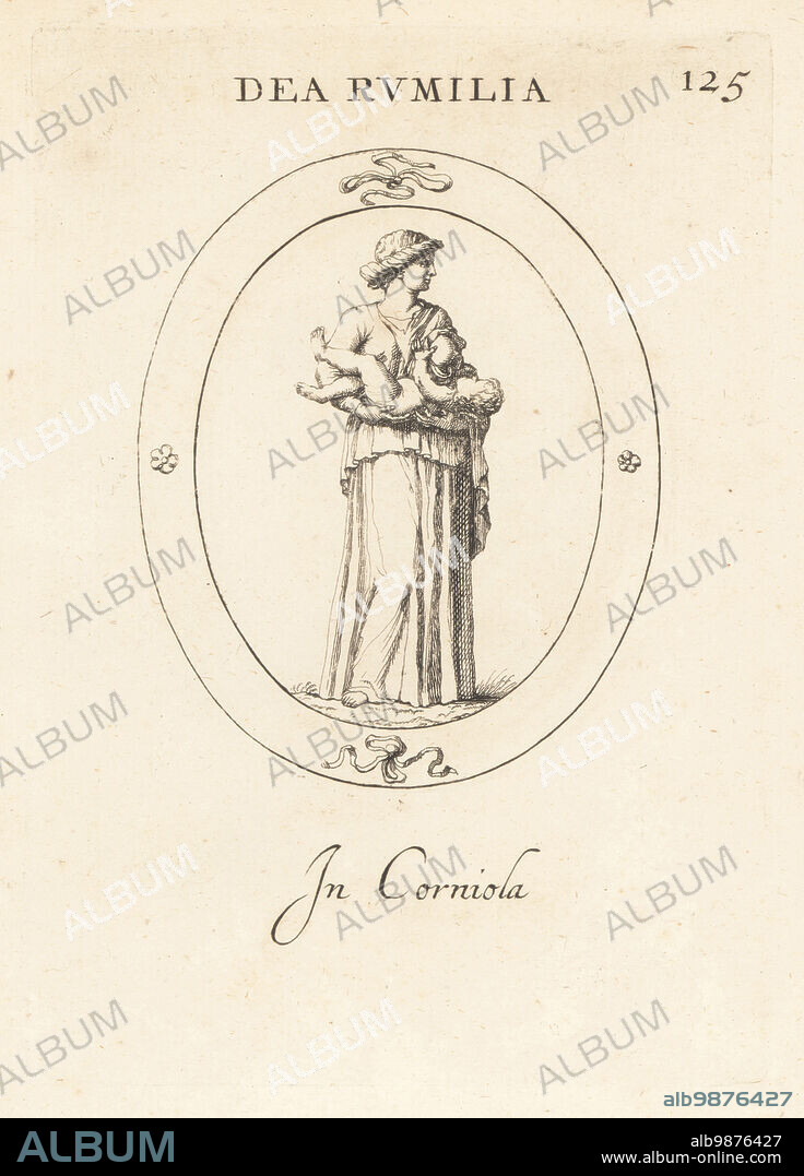 Figure of Diva Rumina, Roman goddess of breastfeeding mothers. Holding a baby below her exposed left bosom. In carnelian. Dea Rumilla. In corniola. Copperplate engraving by Giovanni Battista Galestruzzi after Leonardo Agostini from Gemmae et Sculpturae Antiquae Depicti ab Leonardo Augustino Senesi, Abraham Blooteling, Amsterdam, 1685.