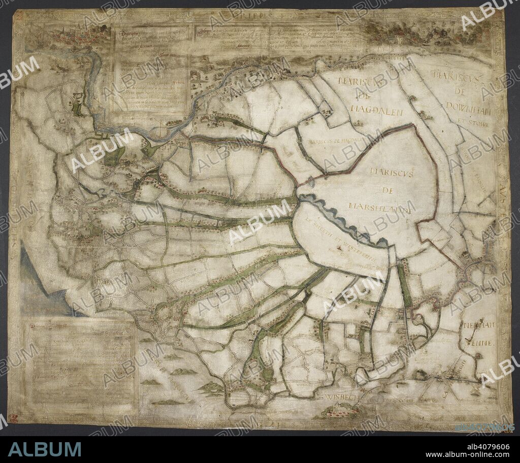 Map of seven marshland townships, near Kings Lynn, co. Norfolk; Emneth, Walsoken, Walton, Walpole, Clenchwarton, Terrington St Clement and Terrington St John. It was probably commissioned by the government to distinguish rights of summer grazing on the Smeeth for the townships, which had formerly belonged to the Bishops of Ely, and from 1581 was owned by Elizabeth I and the Duke of Norfolk. It is the earliest surviving measured map of the region, and was probably intended for public display. England; circa 1582. Source: Add. 71126. Language: English.