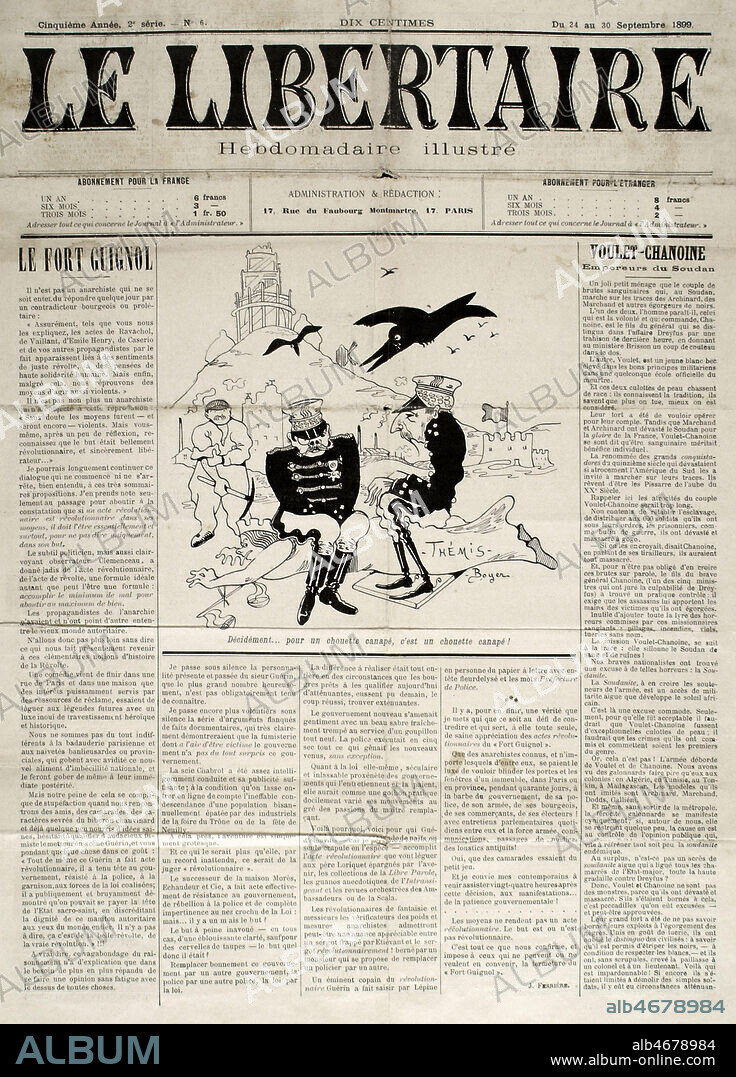 Decidement... pour un chouette canape, c'est un chouette canape. (Les militaire s'assayant sur Themis (Justice). Caricature de BOYER pour Le Libertaire du 24/09/1899. Credit : Coll. Dixmier/KHARBINE-TAPABOR.