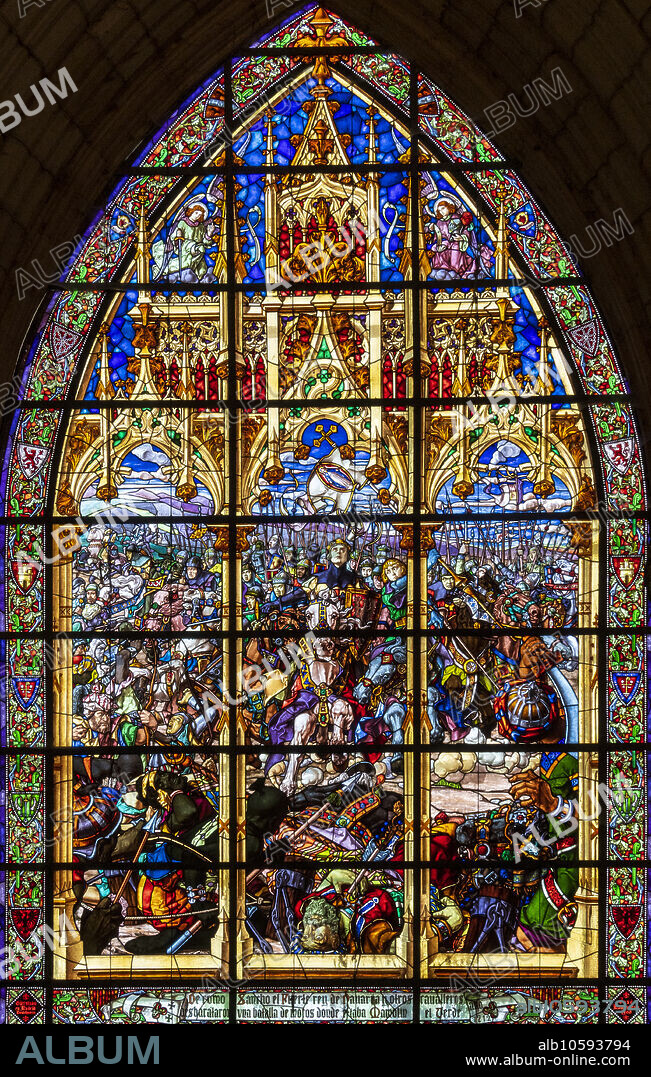 stained glass representing the battle of Las Navas de Tolosa (1212), chapter house, Roncesvalles, Royal Collegiate Church of Santa María de Roncesvalles, Santiago's road, Navarra, Spain.