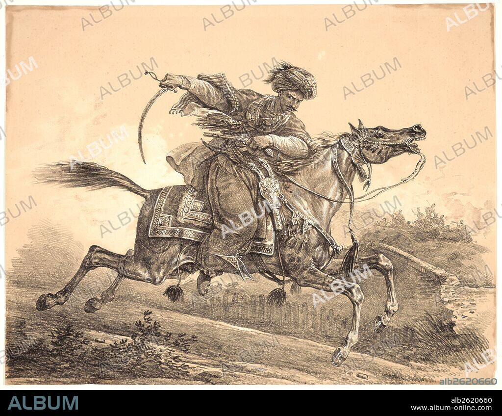 Carle Vernet (aka Antoine Charles Horace Vernet, French, 1758 - 1836). Mohammedan Rider with Sabre and Pistol, early 19th century. Crayon lithograph with hand wash and highlighting on brown wove paper. Image: 383 mm x 490 mm (15.08 in. x 19.29 in.).