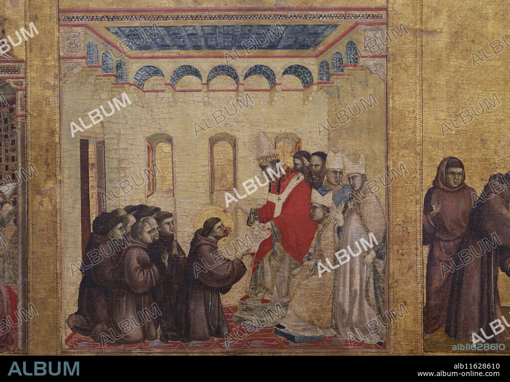 Saint Francis receiving the Stigmata, by Italian painter Giotto (1266-1337), 1295-1300.  Detail predella. Pope Innocent III and St. Francis of Assisi. Late Gothic. Louvre Museum. Paris. France.