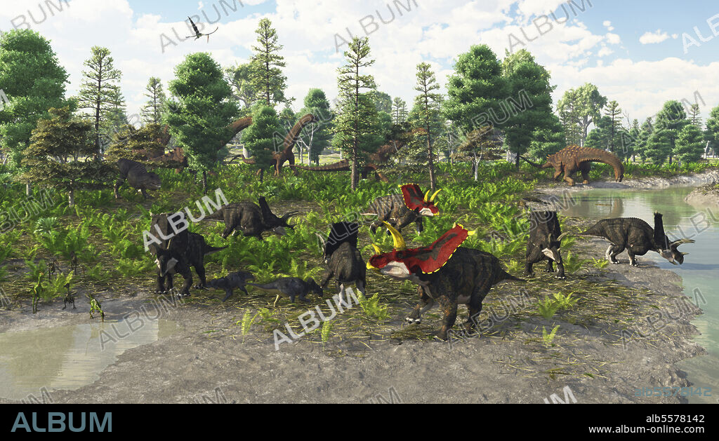 Artist's concept of the Javelina Formation in Texas. Pictured are Bravoceratops, a few troodons and a small herd of Alamosaurus.. This is a depiction of some of the fauna of the Javelina Formation in western Texas near Big Bend National Park. Age estimates for this formation are 69-66 million years ago. A large ceratopsian, Bravoceratops is being spied upon by T-rex near some trees. A few Troodons come up the water's edge in the lower left and in the background a small herd of Alamosaurus make their way to the river. An Azdarchid flies above. Quetalcoatlus most likely.
