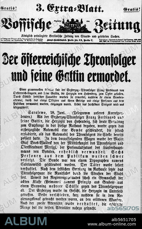 Causes de la Première Guerre mondiale :. Assassinat de l'héritier austro-hongrois l'archiduc François Ferdinand et de son épouse par Gavrino Princip le 28 juin. 1914 à Sarajevo. - "l'héritier autrichien et son épouse assassinés." -3ème supplément du journal "Vossische Zeitung", Berlin, 28 juin 1914.