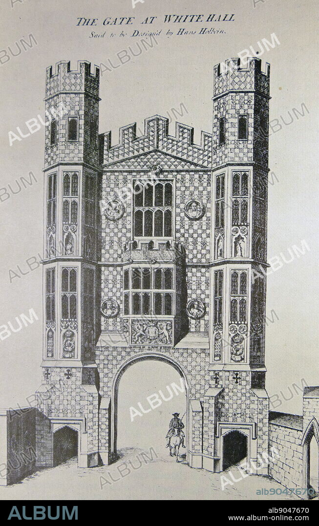 The Holbein Gate was a monumental gateway across Whitehall in Westminster, constructed in 1531-32 in the English Gothic style. The Holbein Gate and a second less ornate gate, Westminster Gate, were constructed by Henry VIII to connect parts of the Tudor Palace of Whitehall to the east and west of the road. It was one of two substantial parts of the Palace of Whitehall to survive a catastrophic fire in January 1698. The Holbein Gate was demolished in 1759.